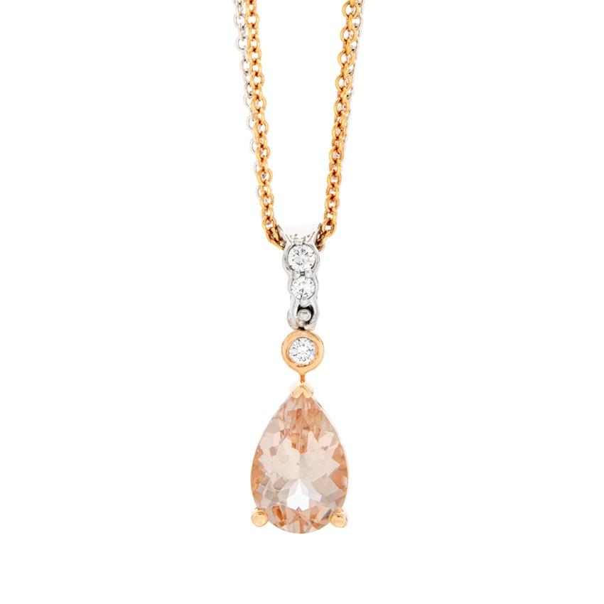 Rose & White Gold Pear Shaped Morganite & Diamond Pendant Necklace