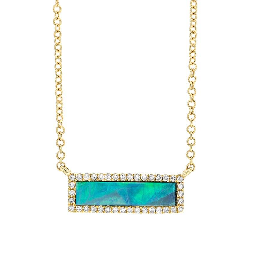 Yellow Gold 0.34 Carat Opal & Diamond Halo Bar Pendant Necklace