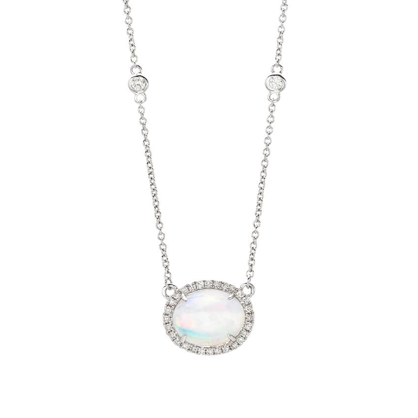 14K White Gold Opal and Diamond Necklace | Front View
