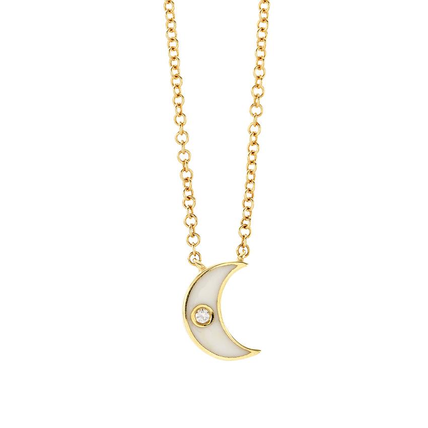 14K Yellow Gold Enamel and Diamond Moon Necklace | Front View