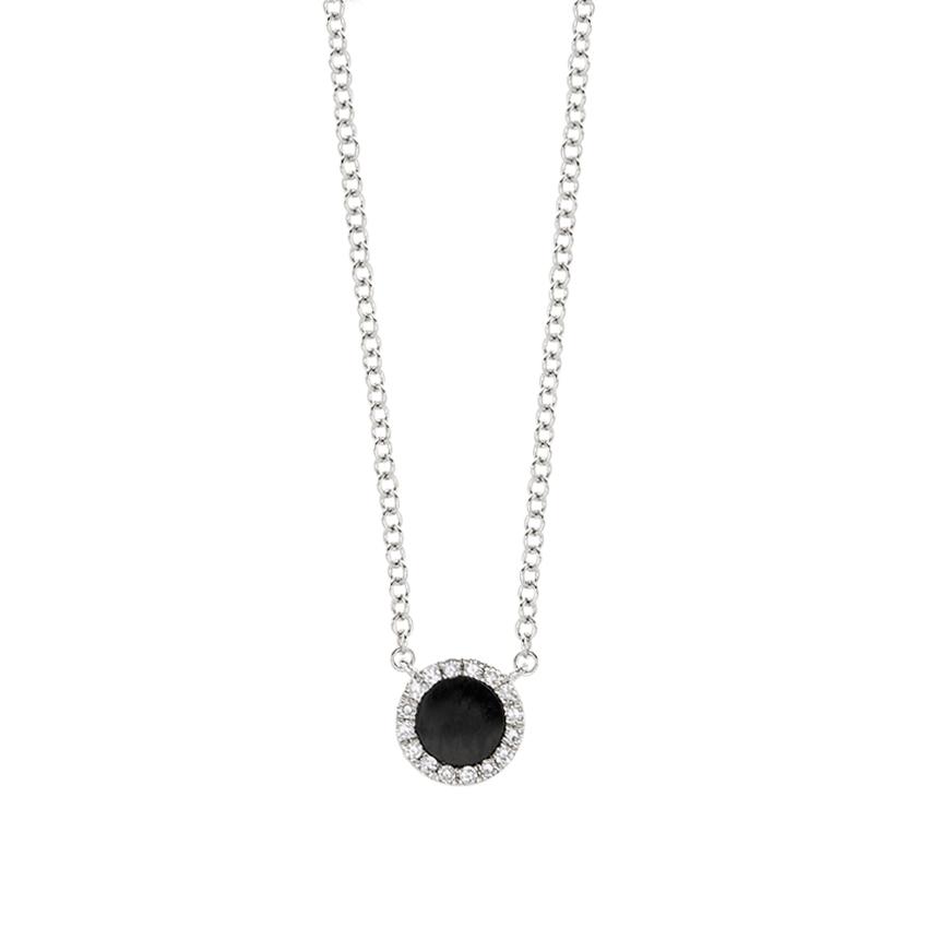 14K White Gold Black Agate and Pave Diamond Circle Necklace | Front View
