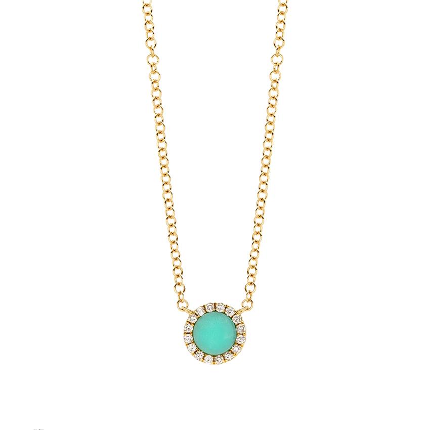 14K Yellow Gold Turquoise and Pave Diamond Necklace | Front View