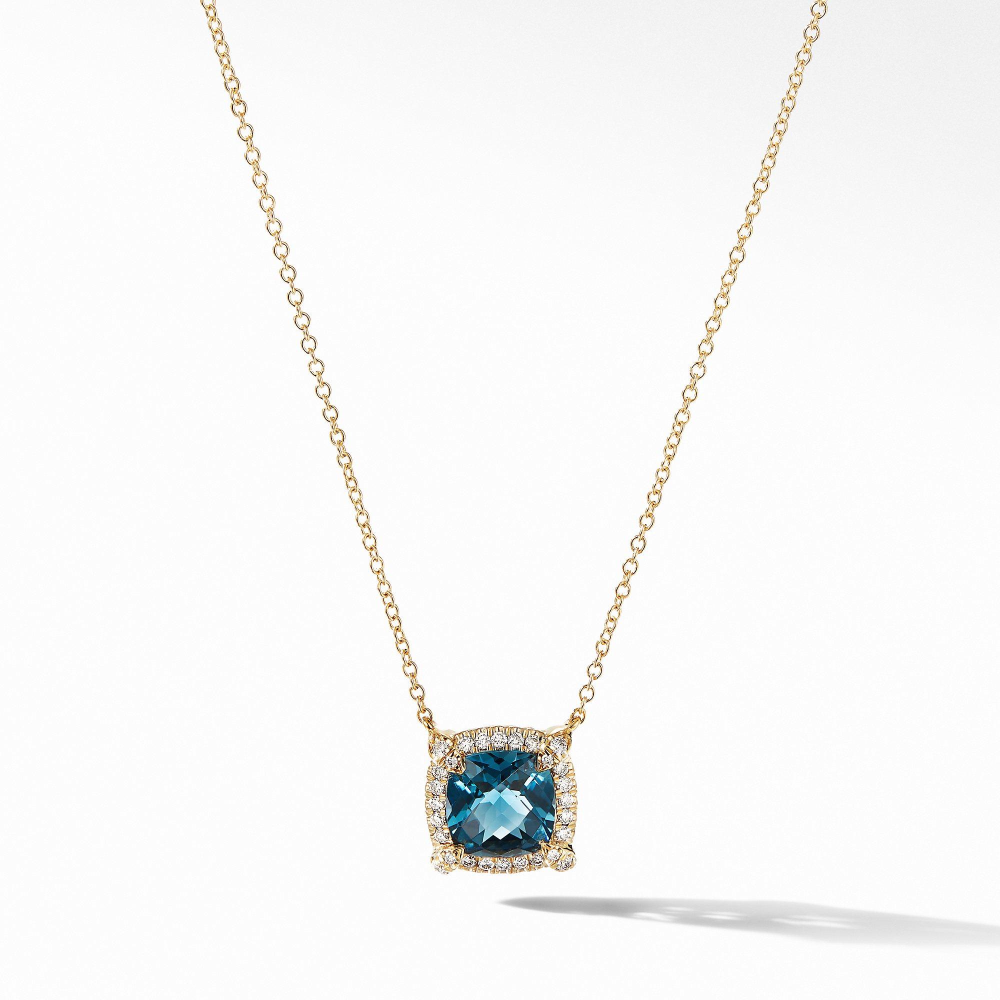 David Yurman Petite Chatelaine Pave Bezel Pendant Necklace in 18k Yellow Gold with Hampton Blue Topaz