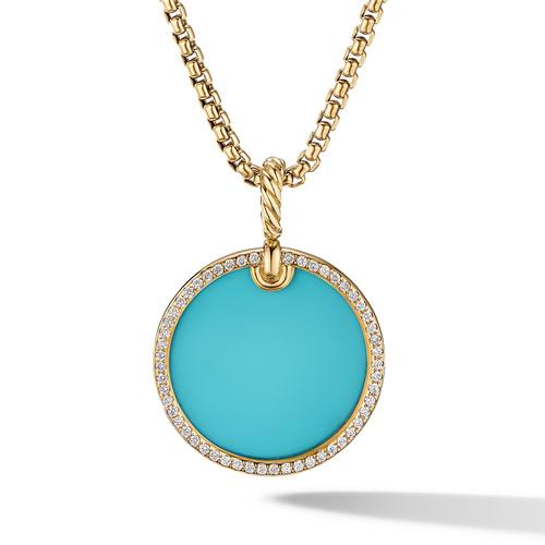 David Yurman DY Elements Disc Pendant in 18K Yellow Gold with Turquoise and Pave Diamond Rim