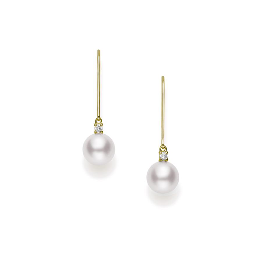 Mikimoto 7mm Akoya pearl drop earrings with diamond accents, having an 18K yellow gold leverback | Front View