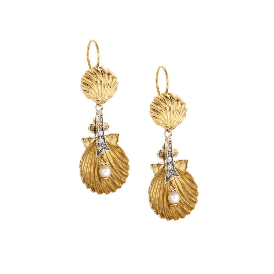 Estate Collection Pearl and Diamond Shell Earrings