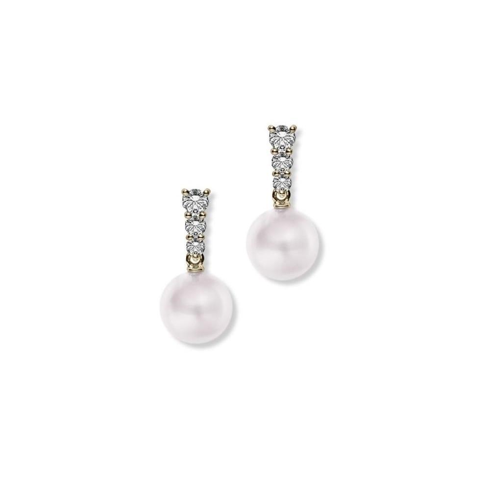 Mikimoto Morning Dew Diamond and Pearl Yellow Gold Earrings