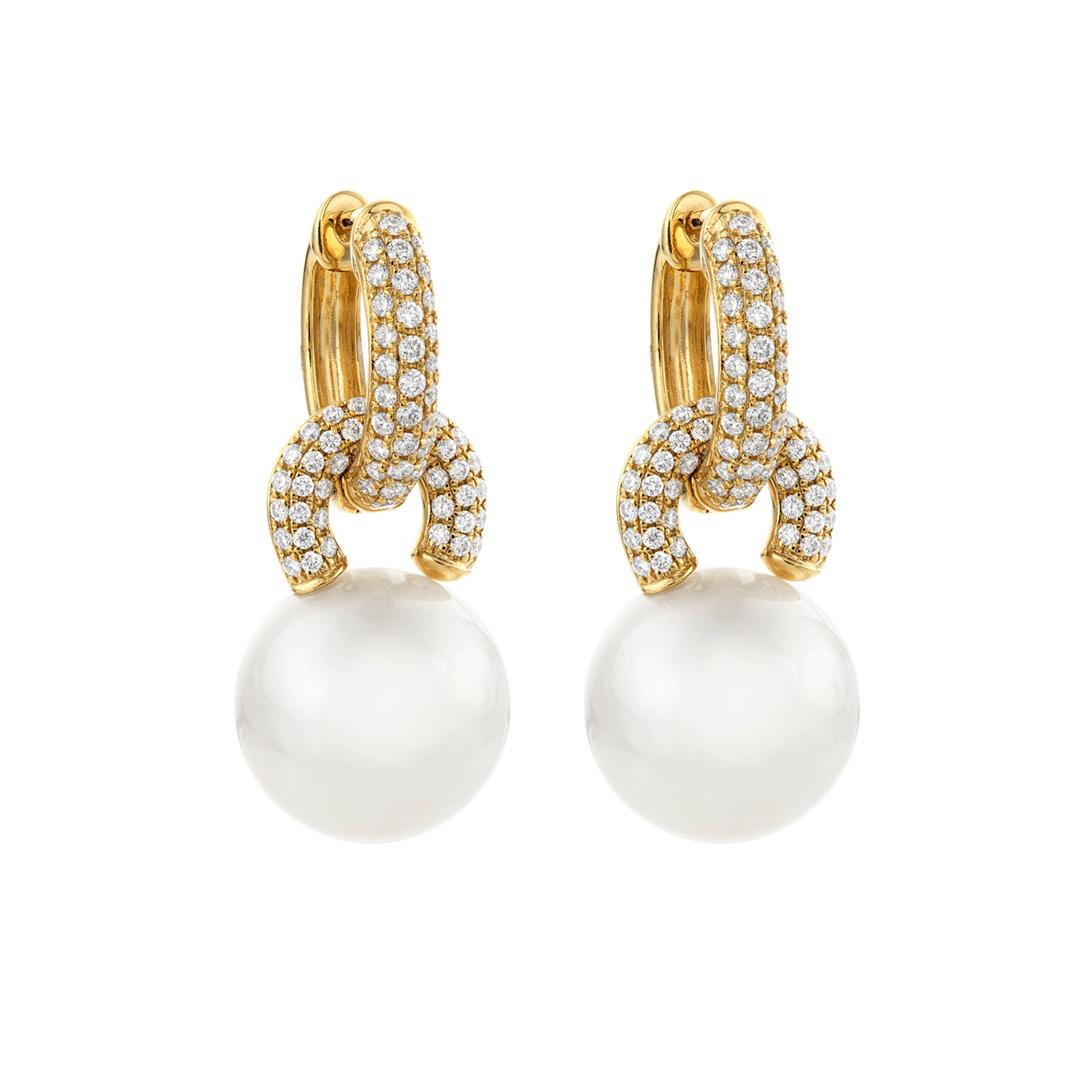 18k Yellow Gold Diamond Link Drop Pearl Earrings