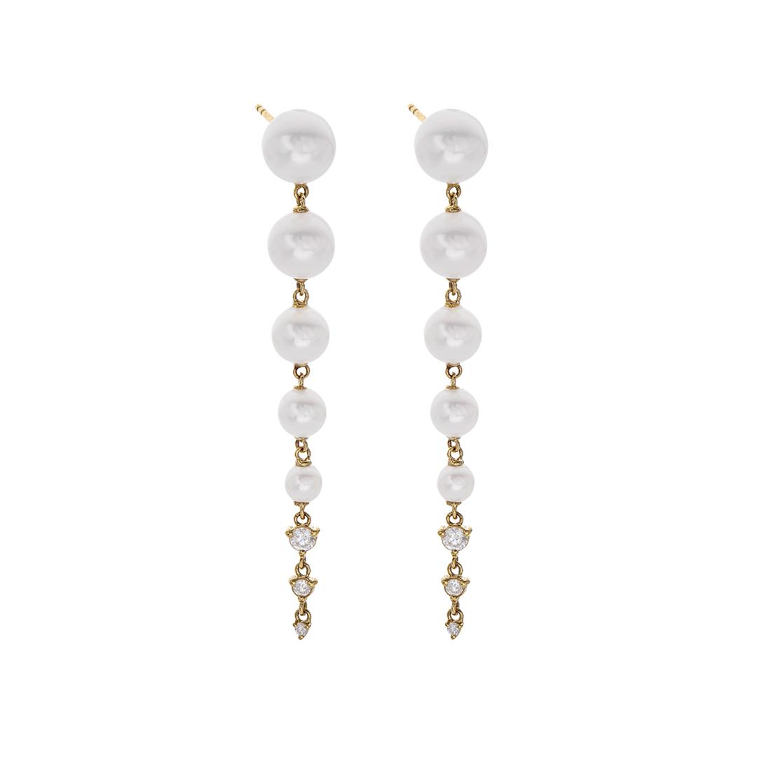 Pearl and Diamond Yellow Gold Graduated Dangle Linear Earrings