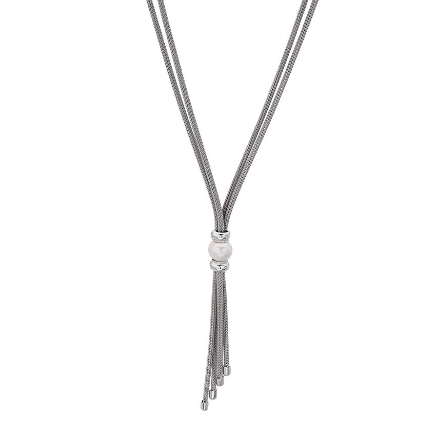 Sterling Silver Woven Double Strand Pearl Tassel Necklace