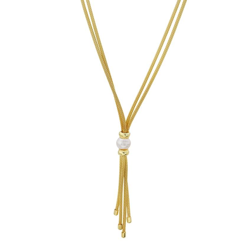 Gold Tone Sterling Silver Woven Double Strand Pearl Tassel Necklace