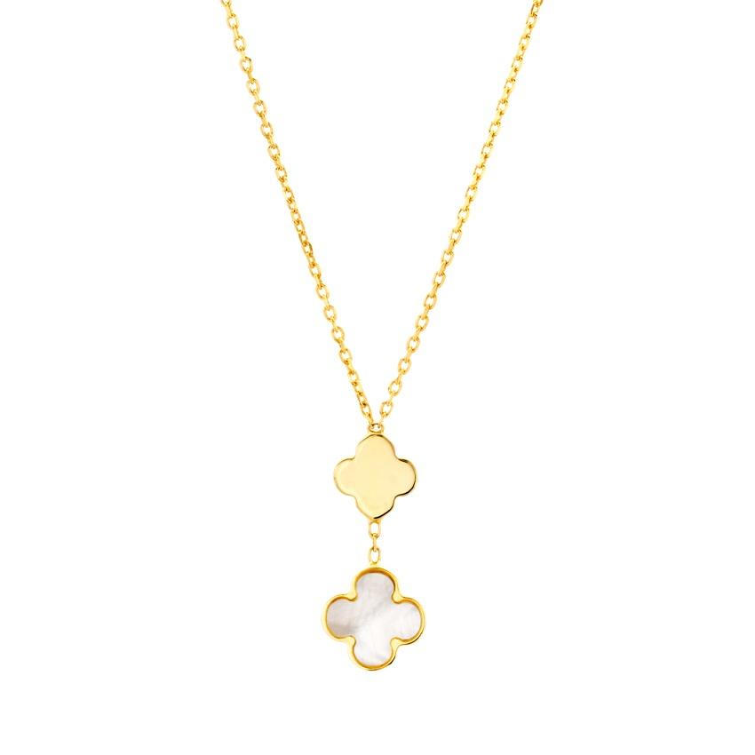 Yellow Gold & Mother Of Pearl Clover Double Pendant Necklace
