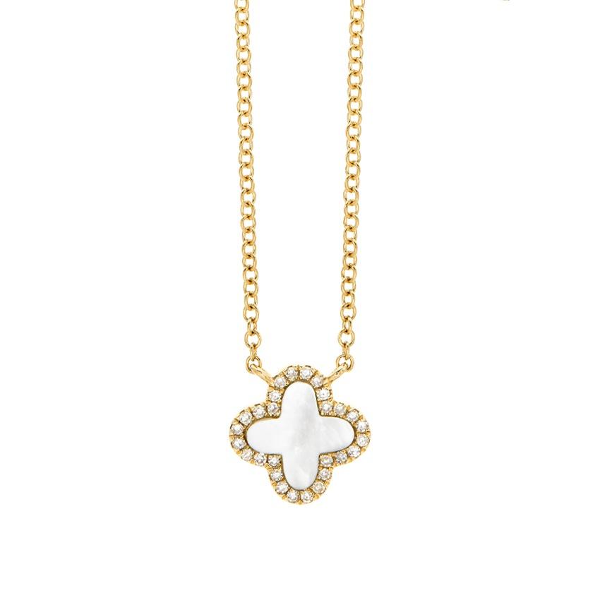 Yellow Gold Mother of Pearl & Diamond Quatrefoil Pendant Necklace