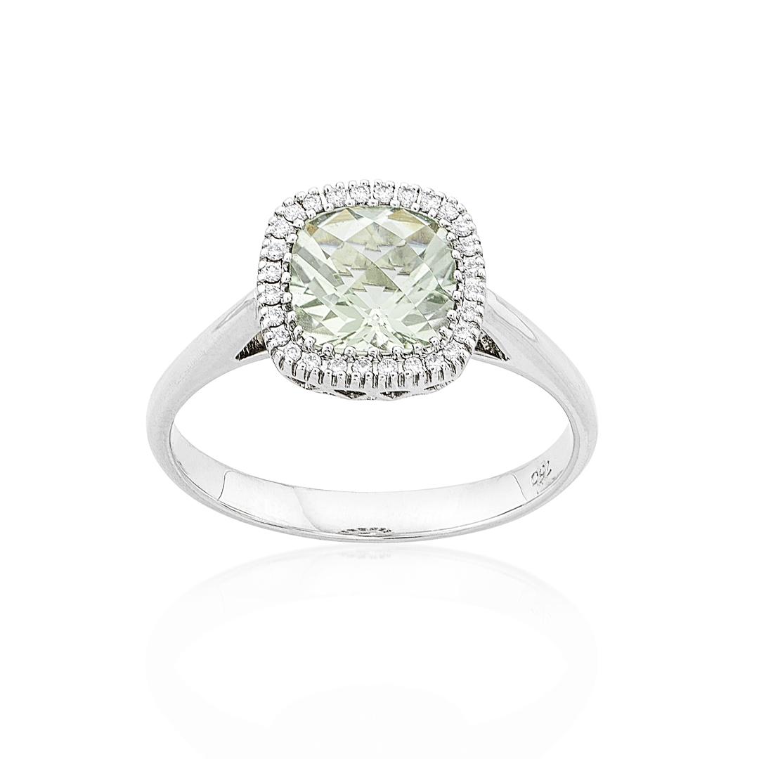 White Gold 1.27 CTW Cushion Cut Green Amethyst & Diamond Halo Ring