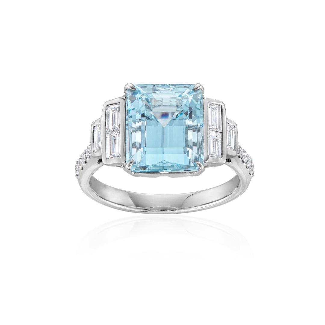 4.60 CT Emerald Cut Aquamarine and Diamond Ring