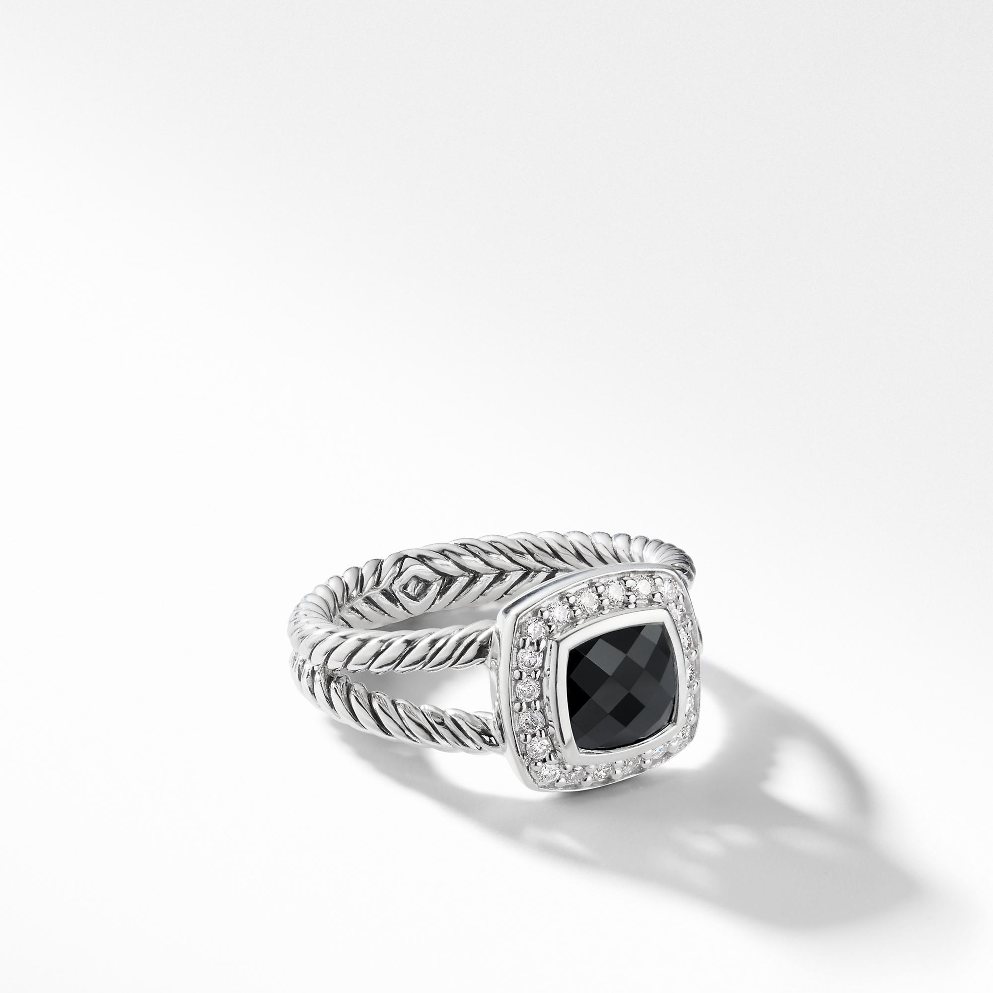 David Yurman Petite Albion Ring with Black Onyx and Diamonds, size 6