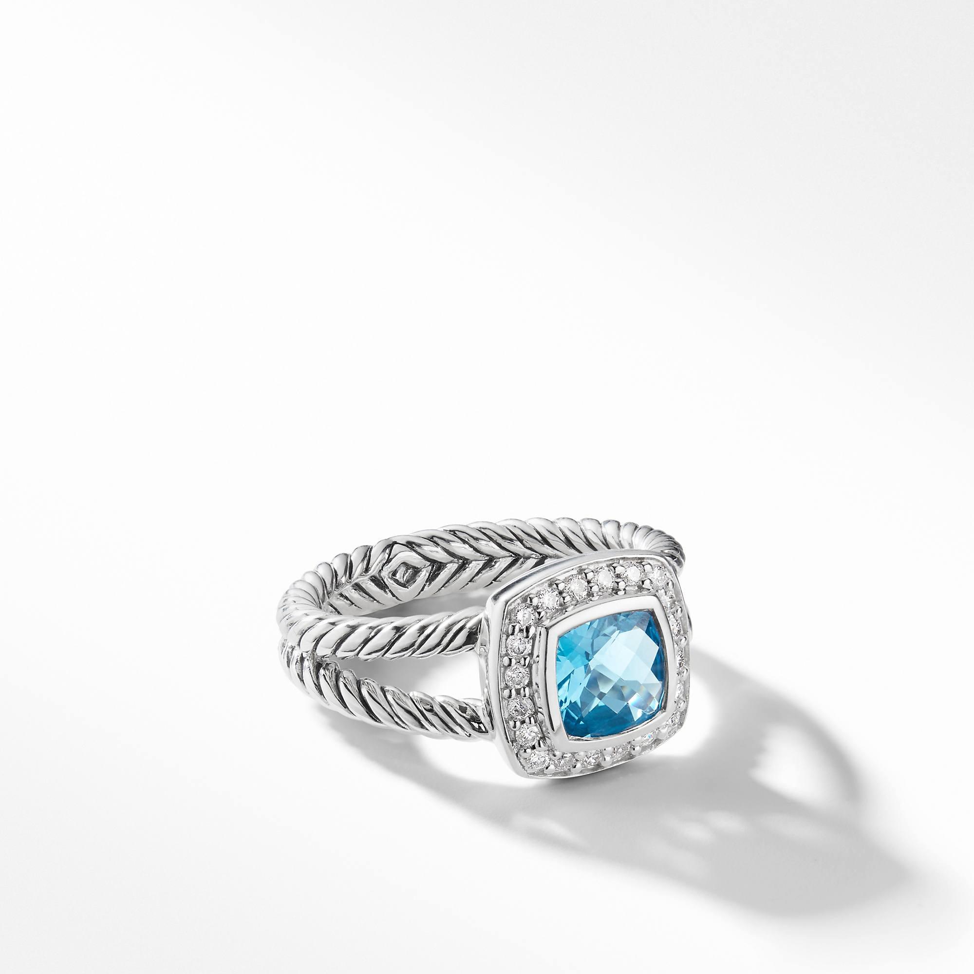 David Yurman Petite Albion Ring with Blue Topaz and Diamonds, size 6