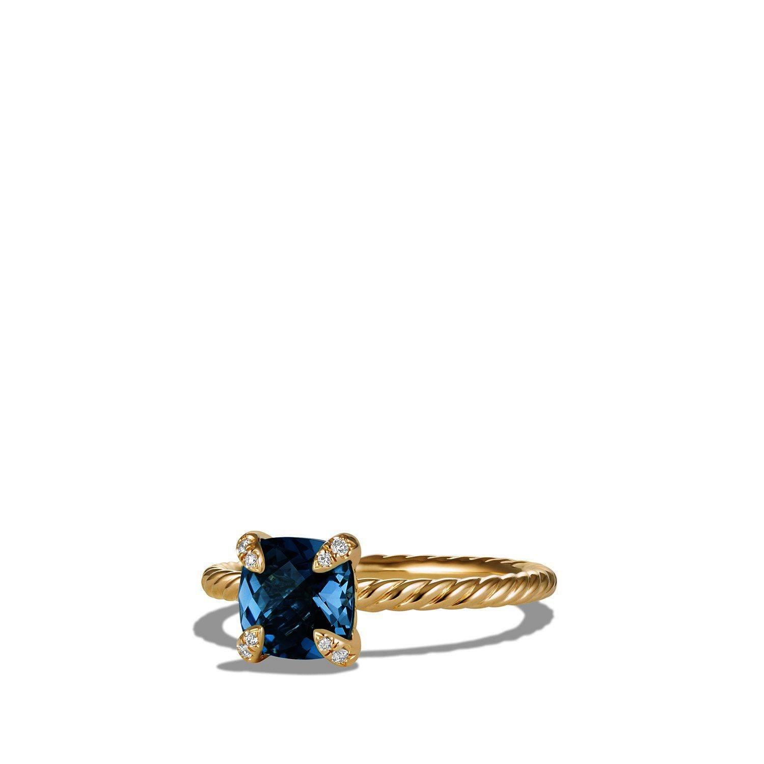 David Yurman Chatelaine Ring with Hampton Blue Topaz and Diamonds in 18k Yellow Gold, size 6