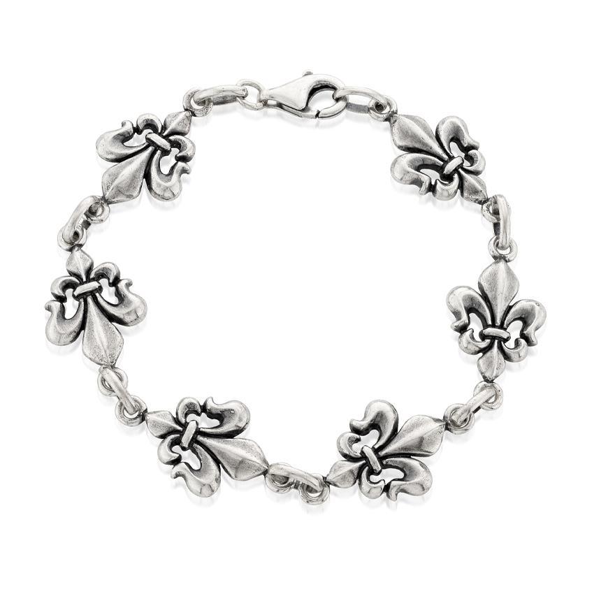 Sterling Silver Fleur De Lis Bracelet with Chain Links & Lobster Clasp | Front View