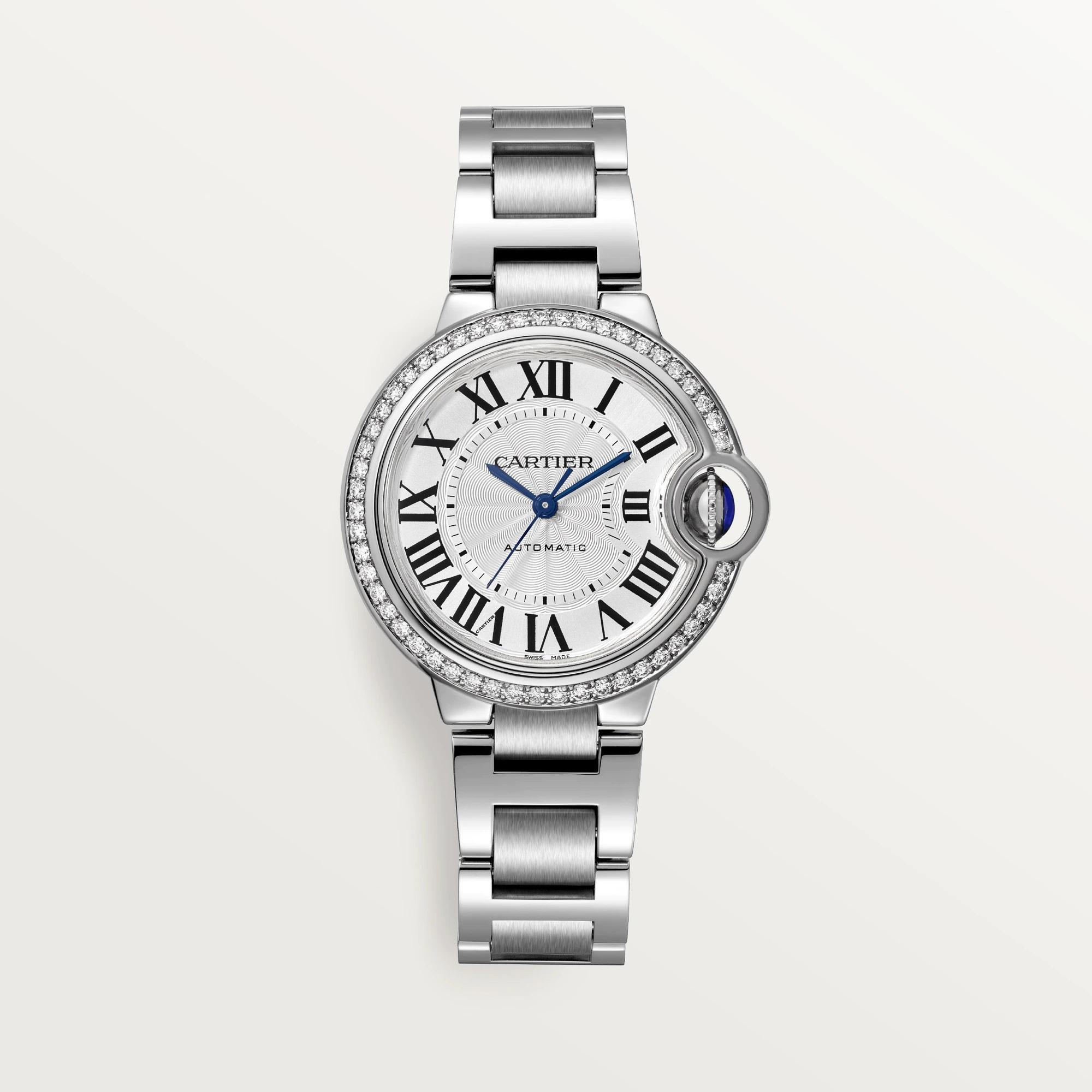 Ballon Bleu de Cartier Watch, Silver Guilloche Dial with Diamonds, 33mm
