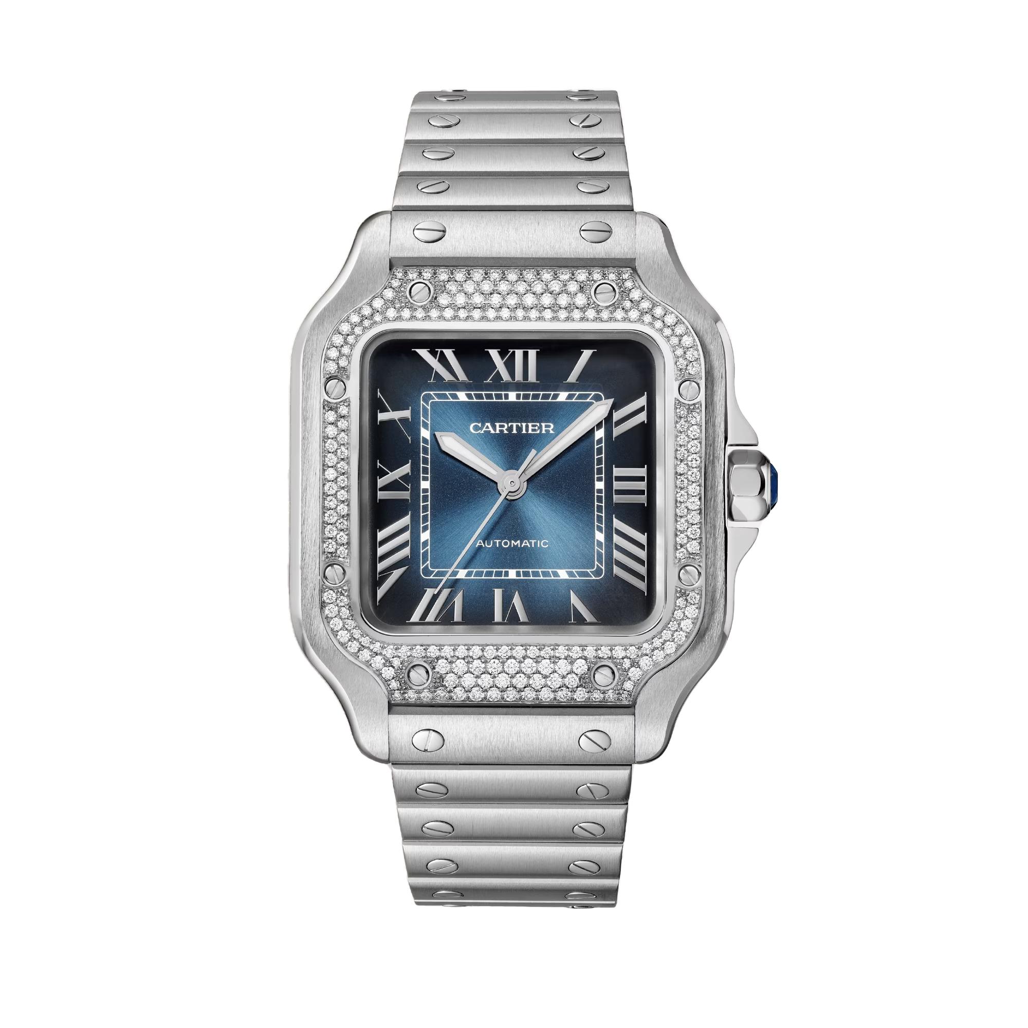 Santos de Cartier watch with Blue Dial and Diamonds, size medium