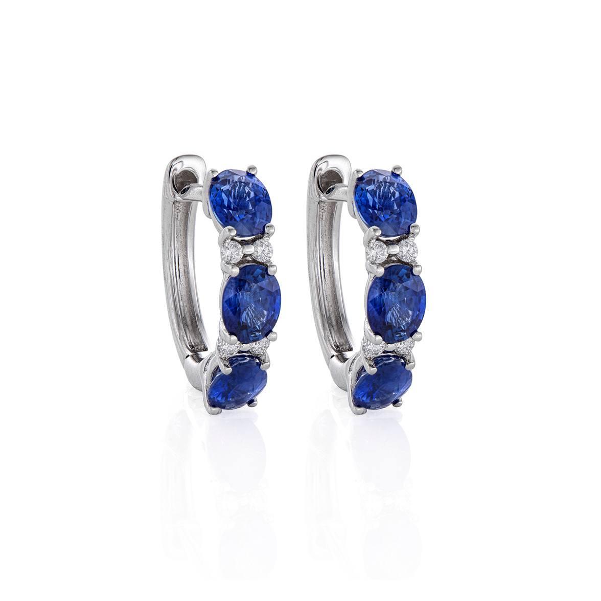 Oval Sapphire Huggie Hoop Earrings with Diamonds
