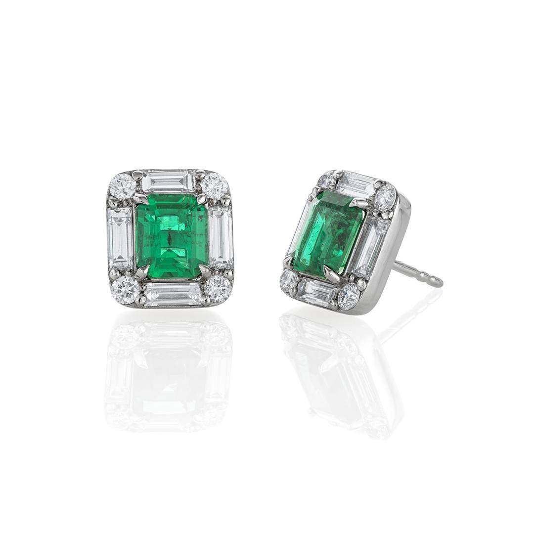 White Gold 2.25 Carat Emerald & Diamond Halo Post Earrings