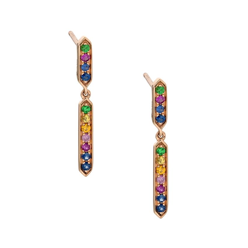 Rose Gold Sapphire & Tsavorite Rainbow Drop Bar Earrings