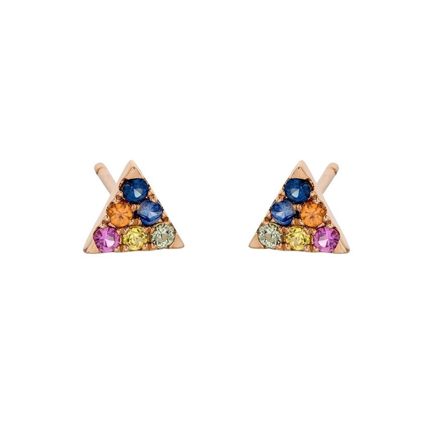 Rose Gold Sapphire Rainbow Triangle Stud Earrings