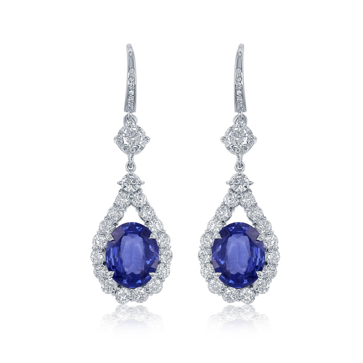 White Gold Oval Sapphire & Round Diamond Halo Drop Earrings