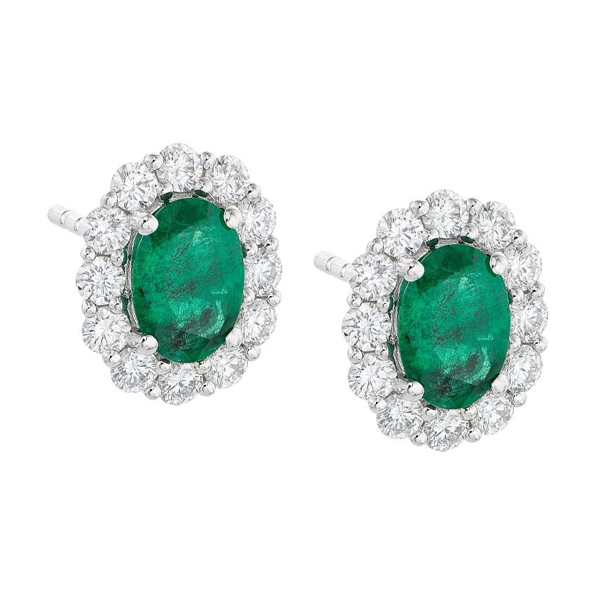 White Gold Oval Emerald & Diamond Halo Post Earrings