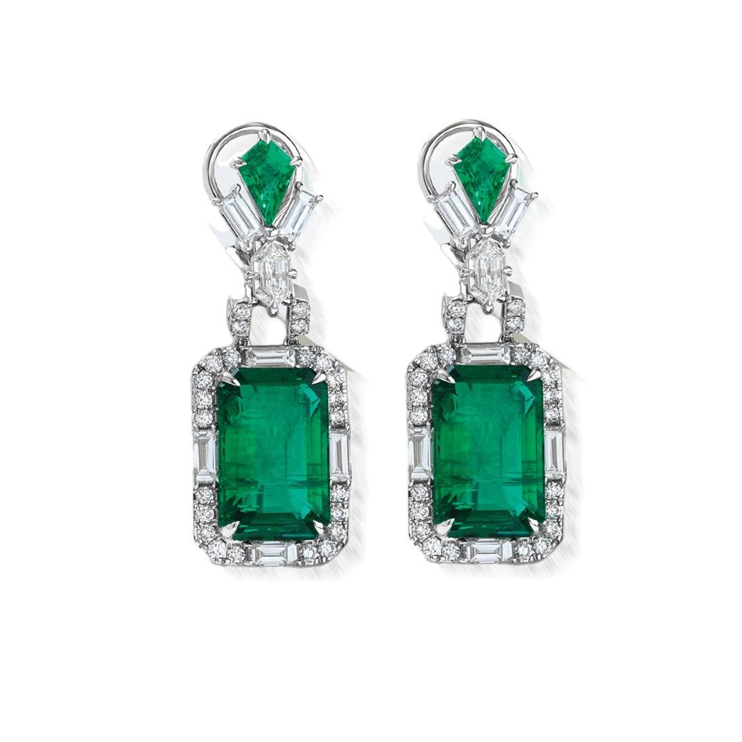 Emerald Drop Earrings with Diamonds
