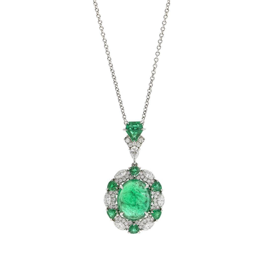 Cabochon Emeralds and Diamond Pendant Necklace