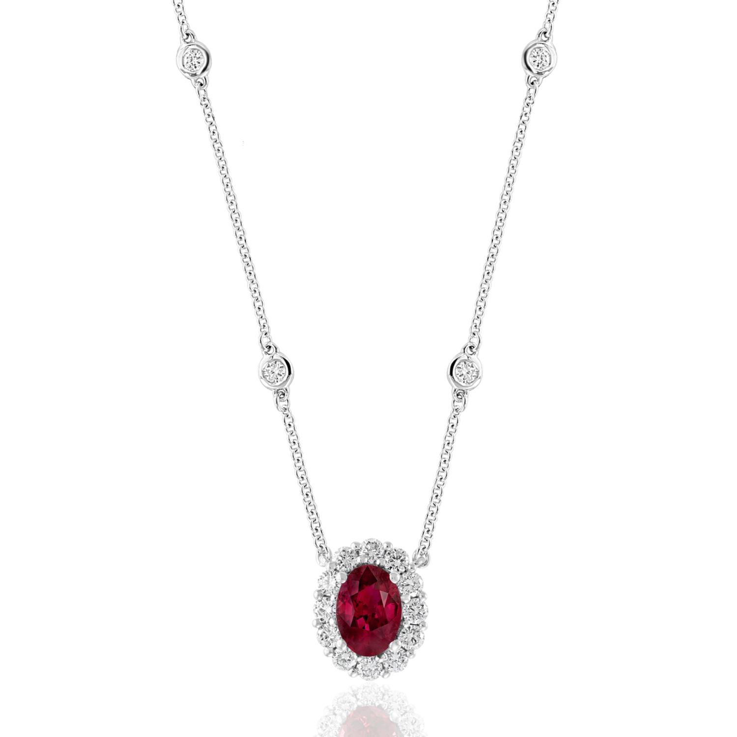 Oval Ruby Pendant Necklace with Diamond Halo and Diamond Station Chain