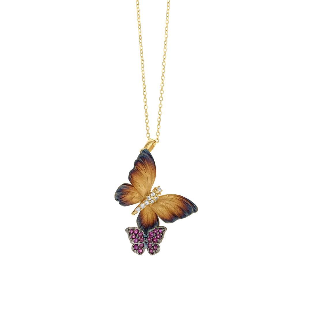 Ruby and Diamond Butterfly Pendant Necklace
