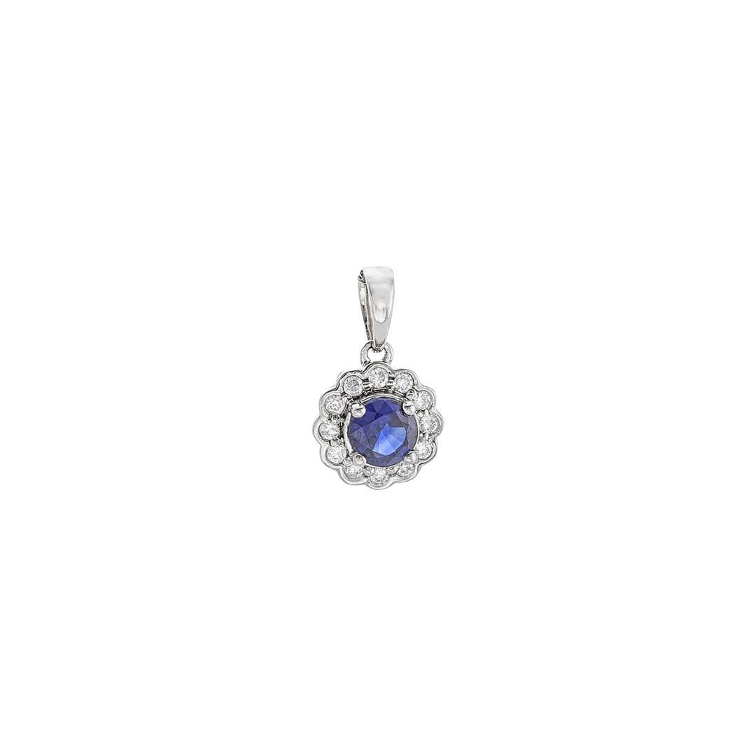 Round Sapphire Pendant with Diamond Scallop Edge