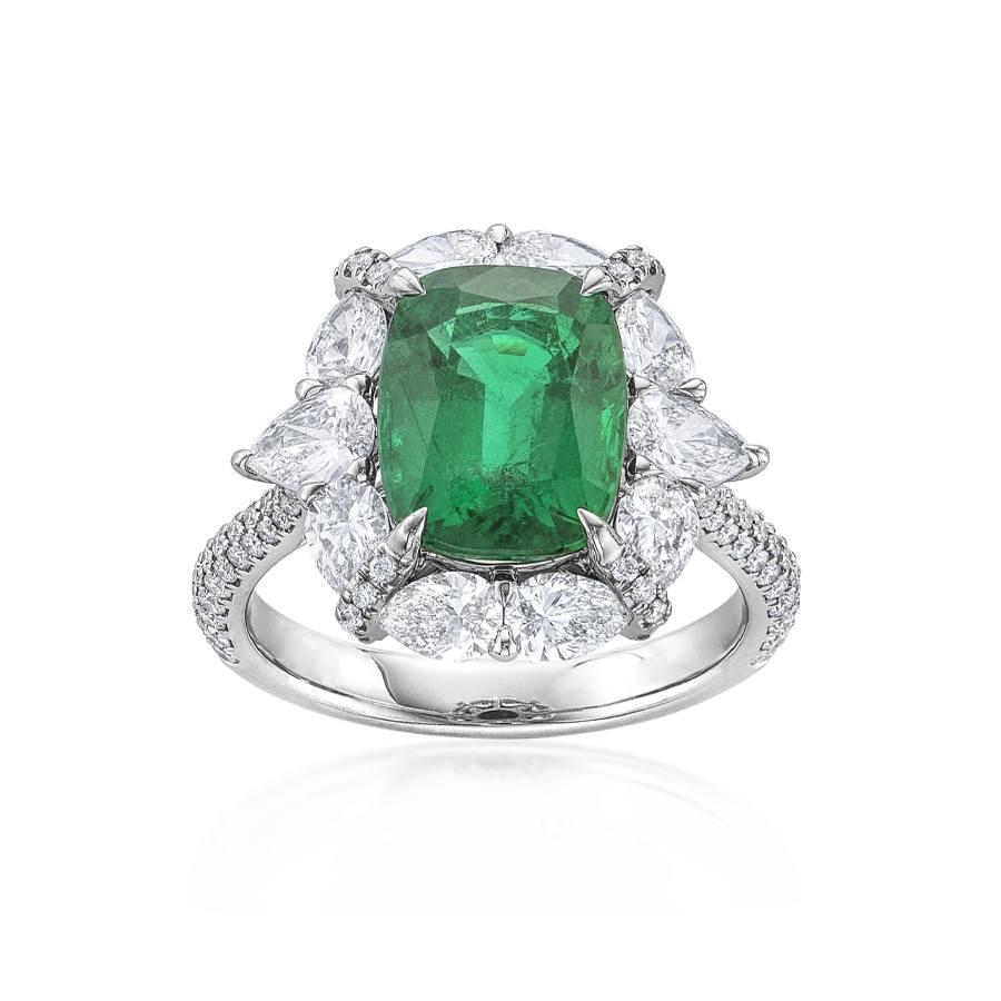Emerald Ring with Pear Shaped Diamond Accents