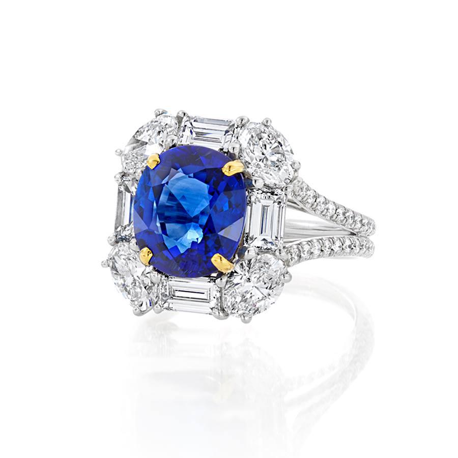 4.40 CT Oval Sapphire Ring with Baguette Diamonds and Split Shank