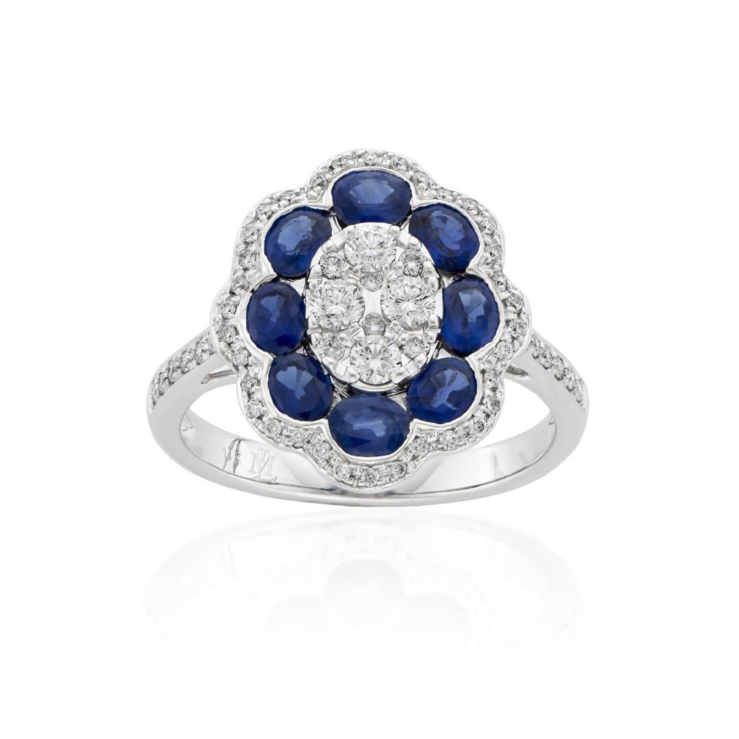 White Gold Diamond Cluster & Oval Sapphire Flower Ring