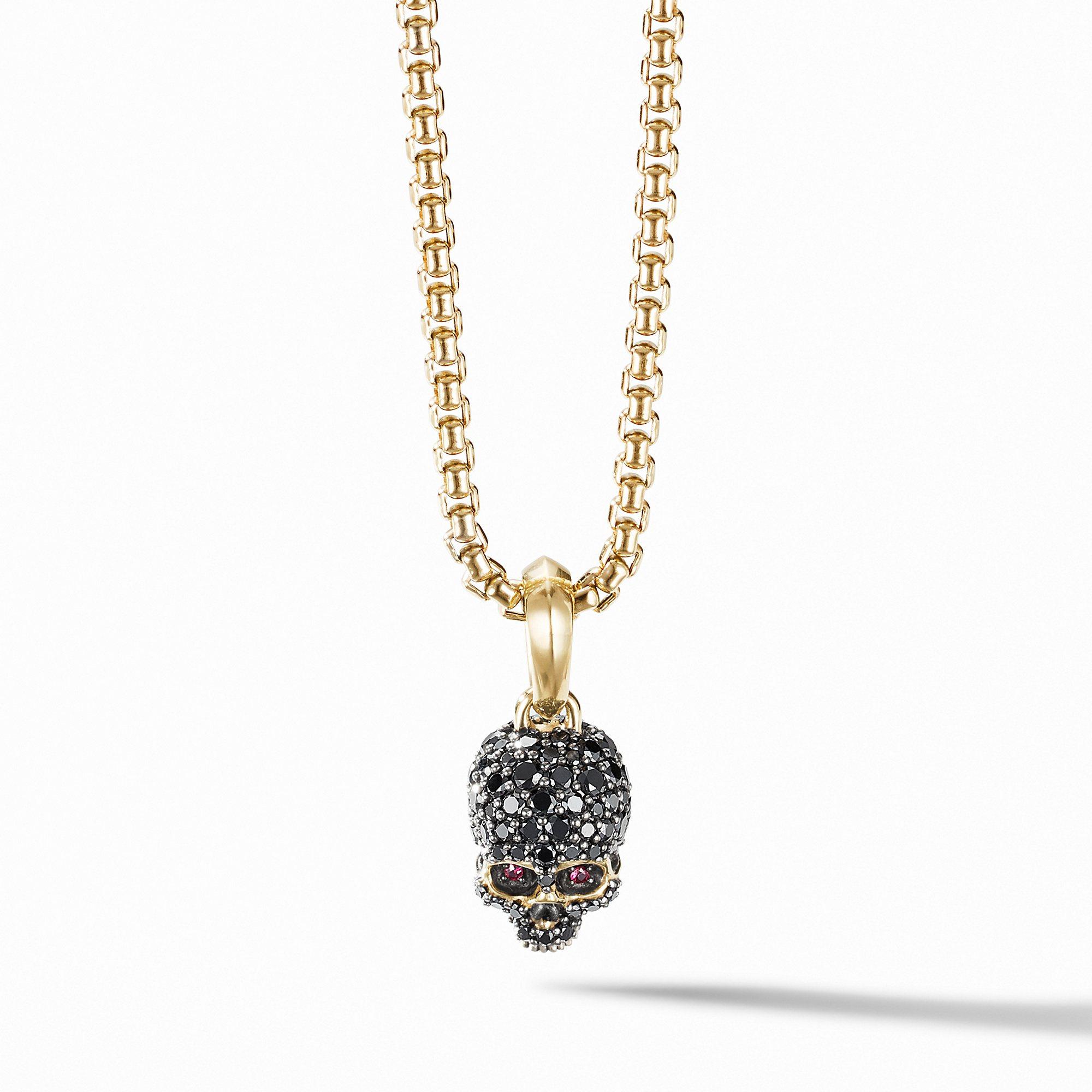 David Yurman Skull Amulet with Full Pave Black Diamonds, Rubies and 18K Yellow Gold | Front View