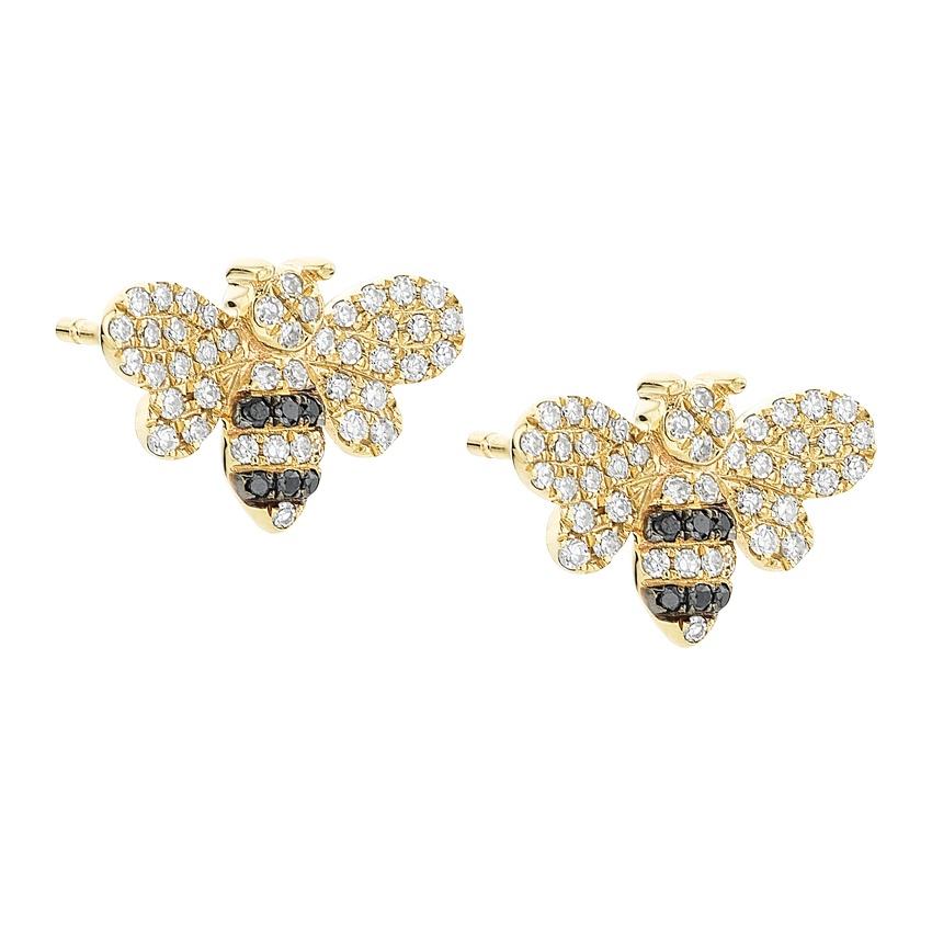 Yellow Gold, Black & White Diamond Bumblebee Post Earrings