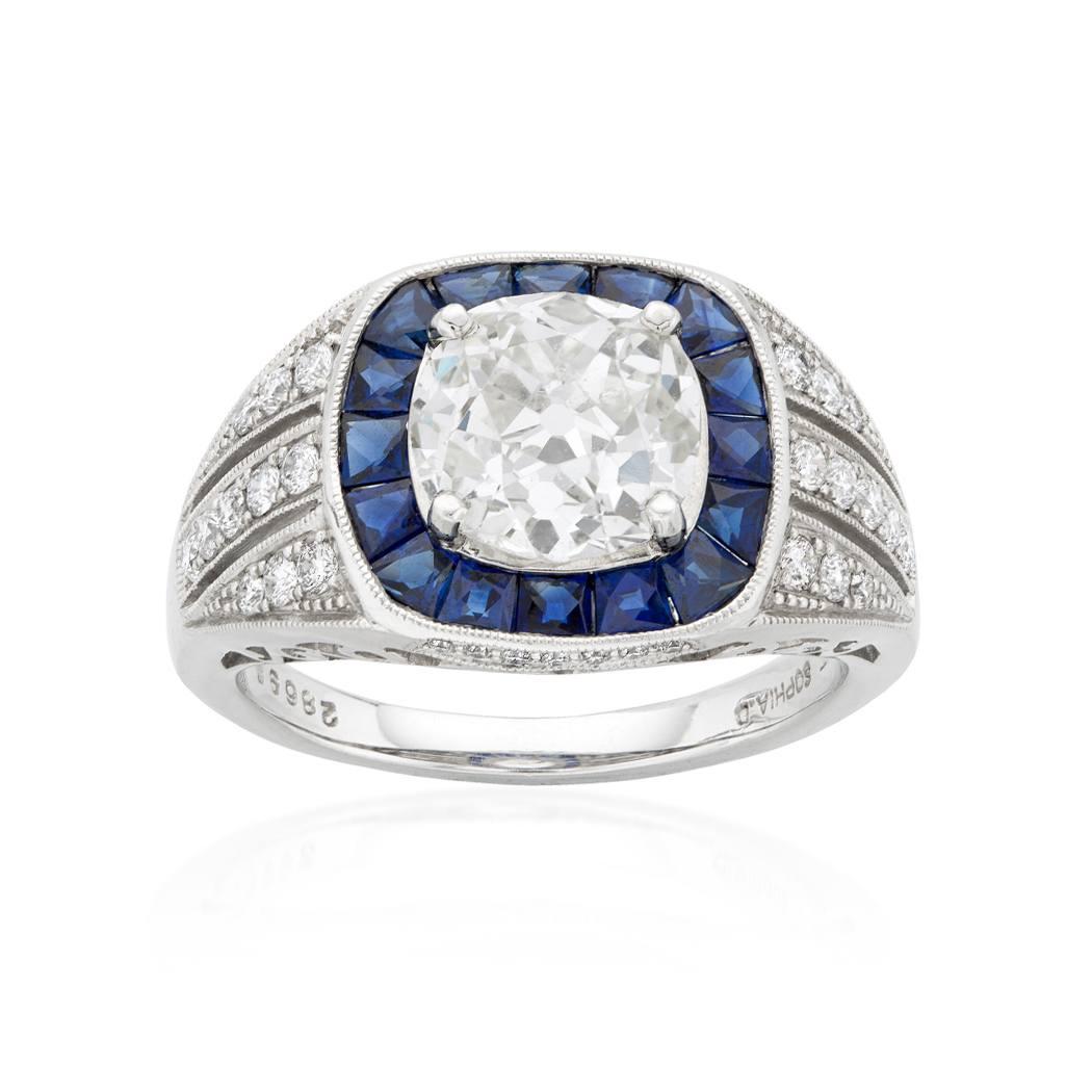 Platinum Old Mine Cut Diamond & Sapphire Halo Engagement Ring