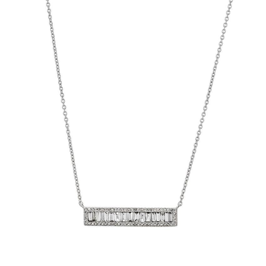 White Gold Baugette & Round Diamond Cluster Bar Pendant Necklace