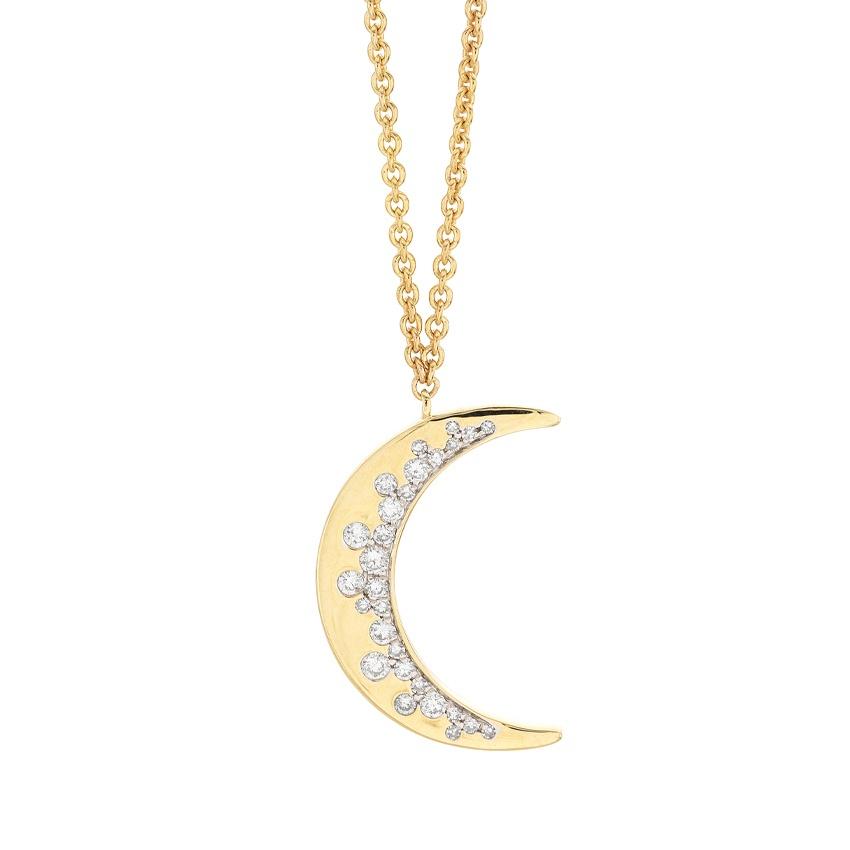 Yellow Gold & Diamond Crescent Moon Pendant Necklace
