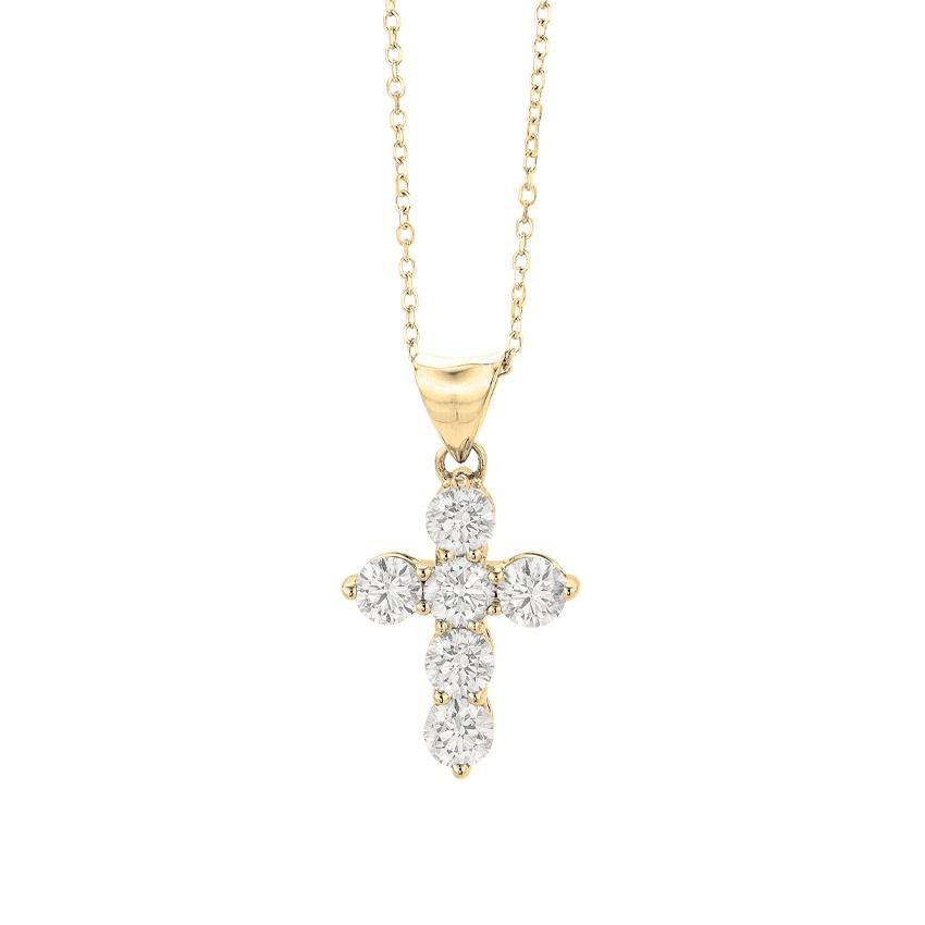 1.00 CTW Six Diamond Yellow Gold Cross Pendant Necklace