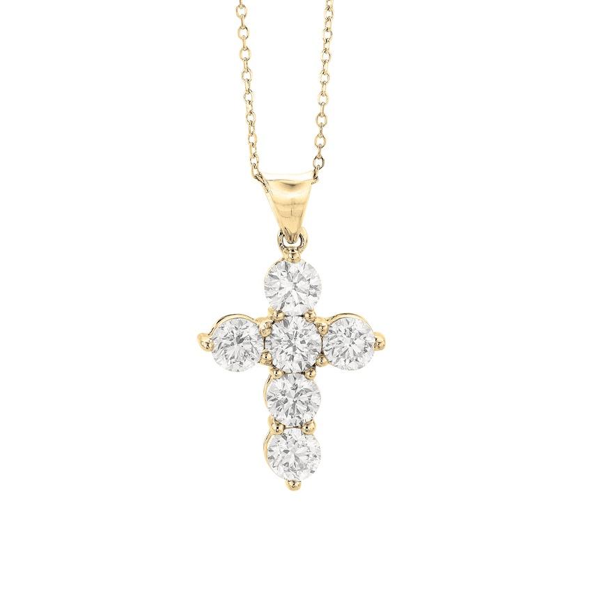 2.00 CTW Six Diamond Yellow Gold Cross Pendant Necklace