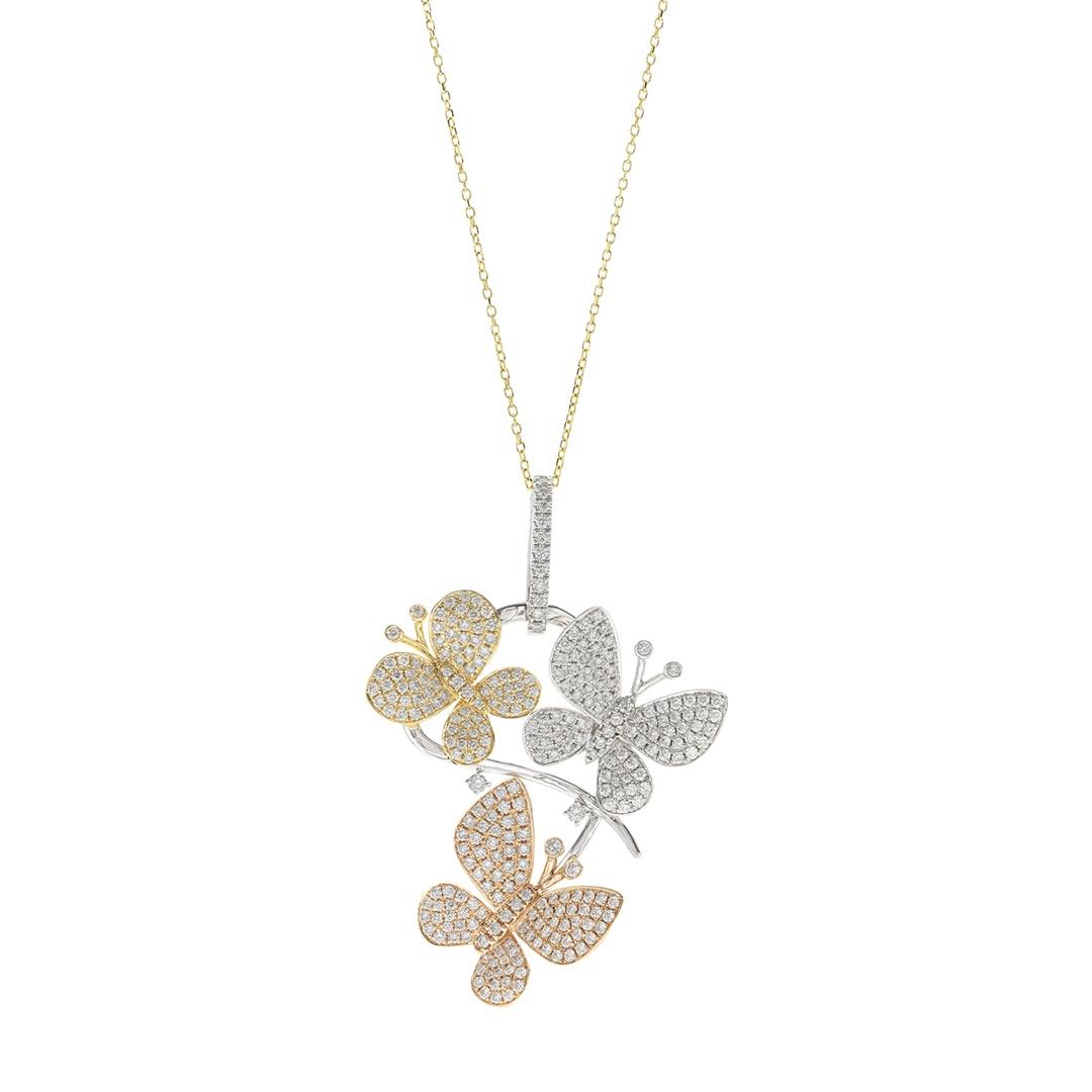 Three Diamond Butterfly Pendant Necklace