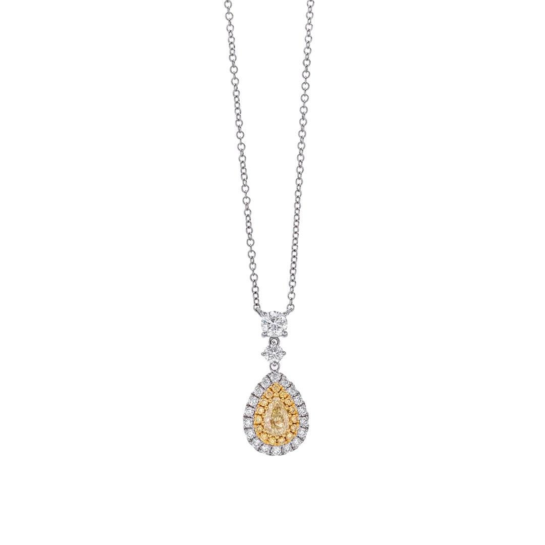 Yellow Pear Shaped Diamond Halo Pendant Necklace