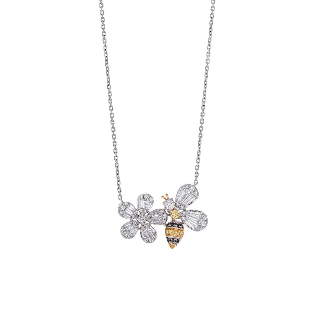 Diamond Bee and Flower Necklace
