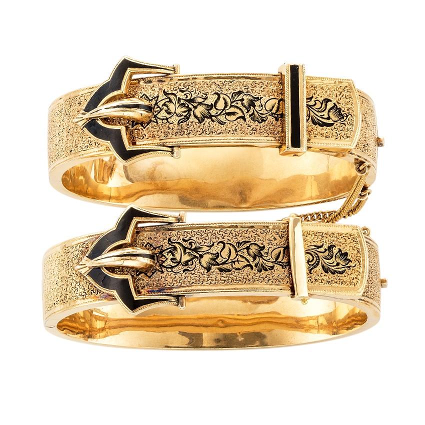 14K Yellow Gold Victorian Estate Bracelet Pair | Buckle Design & Fine Enamel Work | Circa 1870's American | Front View